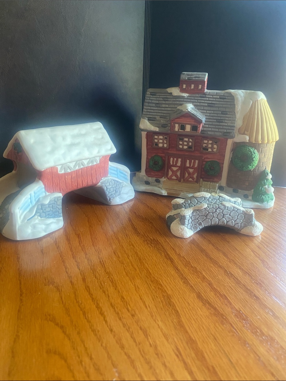 Holiday Ceramic Village House and Covered Bridge Set - Red and White